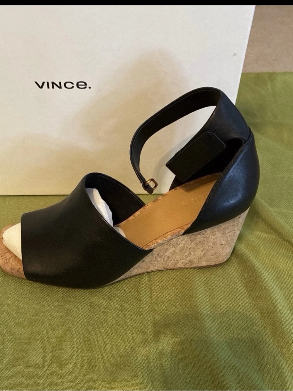 Vince Black Leather Open-Toe Cork Platform Slingback